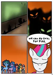 Size: 910x1280 | Tagged: safe, artist:delilah1_riley, derpibooru import, hitch trailblazer, izzy moonbow, misty brightdawn, sparky sparkeroni, sunny starscout, zipp storm, dragon, earth pony, ghost, pegasus, pony, undead, unicorn, comic:pipp the poltergeist, fanfic:pipp the poltergeist, g5, my little pony: tell your tale, baby, baby dragon, comic, commission, fanfic art, female, horn, image, implied pipp petals, jpeg, male, mane stripe sunny, mare, outdoors, stallion
