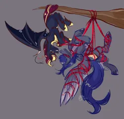 Size: 1596x1534 | Tagged: safe, artist:krevetozz, derpibooru import, oc, oc:nightingale ode, oc:star reader, unofficial characters only, bat pony, pegasus, pony, g4, bat pony oc, bat wings, birthmark, blue body, bondage, boop, chest fluff, colored belly, colored hooves, duo, duo male and female, ear fluff, ear tufts, fangs, female, green background, green eyes, heart, hooves, image, looking at each other, looking at someone, male, mare, noseboop, pegasus oc, png, red hair, rope, rope bondage, shibari, simple background, stallion, straight, tree branch, unshorn fetlocks, wings, yellow eyes