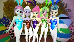 Size: 2560x1440 | Tagged: safe, artist:oatmeal!, derpibooru import, indigo zap, lemon zest, sour sweet, sugarcoat, sunny flare, human, equestria girls, g4, 3d, bare shoulders, blue leotard, bowtie, breasts, bunny ears, bunny girl, bunny suit, cleavage, clothes, costume, crossed legs, detailed background, easter, easter 2025, easter egg, glasses, gmod, goggles, green leotard, group, group shot, hand on hip, holiday, image, legs together, leotard, looking at you, png, purple leotard, sexy, shadowbolts, standing, tight clothing, tights, wide hips