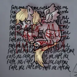 Size: 2167x2167 | Tagged: semi-grimdark, artist:sutured, derpibooru import, derpy hooves, pegasus, pony, g4, bleeding, blood, curled up, derpibooru exclusive, digitally colored, image, implied death, implied rape, png, self harm, solo, spread wings, vent art, wings
