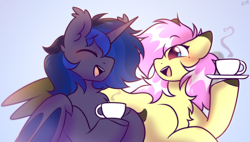 Size: 4823x2756 | Tagged: safe, artist:mariashek, derpibooru import, oc, oc:foulen moon, oc:mariashek, unofficial characters only, bat pony, pegasus, pony, g4, bat pony oc, bat wings, chest fluff, cup, cute, duo, ear fluff, ear tufts, female, female oc, gradient background, horn, image, male, male oc, pegasus oc, png, simple background, smiling, teacup, white background, wings