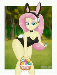 Size: 4770x6214 | Tagged: suggestive, artist:miguelarts, derpibooru import, fluttershy, human, equestria girls, g4, basket, breasts, bunny ears, bunny suit, busty fluttershy, cleavage, clothes, easter, easter 2025, easter egg, female, holiday, image, jpeg, leotard, outdoors, passepartout, playboy bunny, playboy bunny fluttershy, solo