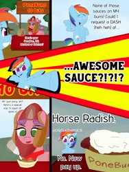 Size: 1536x2048 | Tagged: safe, artist:cosmicwaves35, derpibooru import, carrot bun, rainbow dash, pegasus, pony, unicorn, g4, annoyed, blushing, comic, duo, duo female, female, food, horn, horseradish, hot dog, image, joke, jpeg, ketchup, meat, mustard, outdoors, panel, park, pun, sauce, sausage, selling, stall, text