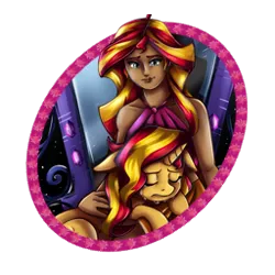 Size: 256x256 | Tagged: safe, artist:dorkiedoodle, artist:katkakakao, derpibooru import, part of a set, sunset shimmer, human, pony, unicorn, art pack:mypastisnottoday2025, equestria girls, g4, button, comforting, crying, cute, duality, eyes closed, female, horn, hugging a pony, human coloration, human ponidox, icon, image, lips, mirror, moderate dark skin, png, self paradox, self ponidox, shimmerbetes, simple background, solo, transparent background, website