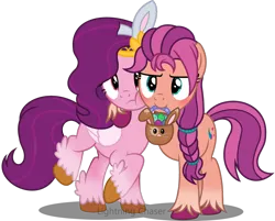 Size: 998x801 | Tagged: source needed, safe, artist:lightningchaserarts, derpibooru import, pipp petals, sunny starscout, earth pony, pegasus, pony, g4, g5, adorapipp, basket, blushing, braid, bunny ears, cheek squish, cheek to cheek, circlet, coat marking, colored hooves, cute, digital art, duo, duo female, easter, easter basket, easter egg, female, g5 to g4, generation leap, gold hooves, holding, holiday, hooves, hug, image, mare, mouth hold, png, red eyes, red-eyed pipp, side hug, simple background, socks (coat marking), squishy cheeks, sunnybetes, transparent background, unshorn fetlocks, vector