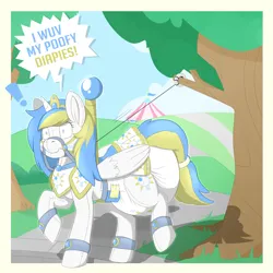 Size: 2000x2000 | Tagged: suggestive, artist:bunnykisses, ponerpics import, oc, unofficial characters only, pony, caught, dialogue, diaper, diaper fetish, embarrassed, female, fetish, image, mare, non-baby in diaper, png, poofy diaper