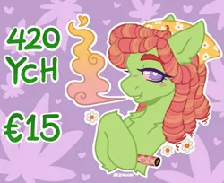 Size: 1280x1046 | Tagged: safe, artist:kazmuun, derpibooru import, tree hugger, earth pony, pony, g4, 420, bandana, bloodshot eyes, blunt, blushing, commission, drug use, drugs, euros, female, grin, hearts and hooves day, image, jpeg, mare, marijuana, smiling, smoke, smoking, solo, ych example, your character here