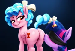 Size: 1216x832 | Tagged: prompter needed, suggestive, ai generated, cozy glow, twilight sparkle, pegasus, pony, unicorn, g4, age difference, black background, blindfold, blushing, butt, butt kiss, duo, duo female, featureless crotch, female, filly, foal, foalcon, horn, horn ring, image, imminent sex, implied sex, jewelry, kissing, looking at someone, looking back, looking down, mare, plot, png, ring, simple background, smug smile, underage, wings