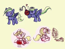 Size: 1296x982 | Tagged: safe, artist:retl, derpibooru import, oc, oc:flare, oc:serenity (fallout equestria: heroes), unofficial characters only, pegasus, pony, unicorn, fallout equestria, fallout equestria: heroes, balloon, bomb, cute, eye clipping through hair, fanfic art, female, female oc, filly, filly oc, floating heart, foal, glow, glowing horn, heart, hoof hold, horn, image, looking at you, lying down, magic, male, male oc, open mouth, open smile, pegasus oc, playing, png, prone, question mark, simple background, smiling, smiling at you, spread wings, stallion, stallion oc, telekinesis, unicorn oc, weapon, wings, yellow background