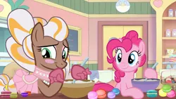 Size: 2500x1406 | Tagged: safe, artist:katnekobase, artist:user15432, derpibooru import, pinkie pie, earth pony, horse, pony, g4, bakery, baking, base used, blushing, bowl, cherie (wild manes), clothes, crossover, eyeshadow, female, female duo, food, image, looking at each other, macaron, makeup, mare, mixing bowl, png, saddle, shoes, smiling, spoon, tack, wild manes, wild manes to g4