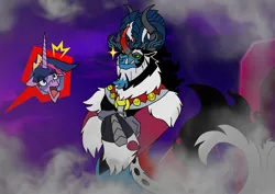Size: 1414x1000 | Tagged: safe, artist:zetikoopa, derpibooru import, grogar, king sombra, lord tirek, storm king, twilight sparkle, twilight sparkle (alicorn), oc, oc:alastor, alicorn, centaur, pony, taur, g4, my little pony: the movie, disbelief, female, fusion, image, male, mare, older, older twilight, older twilight sparkle (alicorn), png, smoke, smug