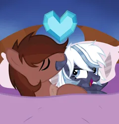 Size: 5000x5207 | Tagged: safe, artist:ghostpikachu, derpibooru import, oc, oc:autumn rosewood, oc:lunara moonstone, unofficial characters only, crystal pony, pegasus, pony, base used, bed, biting, crystal, crystal heart, crystal pegasus, derpibooru exclusive, duo, ear bite, female, image, indoors, lying down, male, mare, messy mane, on bed, pillow, png, stallion, under blanket