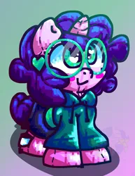 Size: 1664x2160 | Tagged: safe, artist:endercatcore, derpibooru import, oc, oc:artshine aura, unofficial characters only, original species, plush pony, pony, unicorn, clothes, glasses, hoodie, horn, image, nonbinary oc, plushie, png, solo, watermark