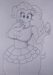 Size: 1449x2048 | Tagged: safe, artist:spartanmora, derpibooru import, pinkie pie, human, equestria girls, g4, big breasts, breasts, busty pinkie pie, clothes, cupcake, female, food, grayscale, huge breasts, image, jpeg, licking, licking fingers, monochrome, partial color, pencil drawing, skirt, solo, thighs, thunder thighs, tongue out, traditional art, wide hips