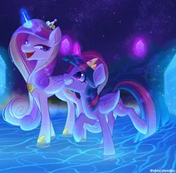 Size: 2760x2704 | Tagged: safe, artist:lummh, artist:tomi_ouo, derpibooru import, princess cadance, twilight sparkle, twilight sparkle (alicorn), alicorn, pony, comic:the princess of love, g4, concave belly, duo, duo female, eye clipping through hair, eyebrows, eyebrows visible through hair, female, gem, glow, glowing horn, grin, happy, high res, horn, image, jpeg, levitation, lidded eyes, looking at each other, looking at someone, magic, magic aura, mare, open mouth, open smile, signature, sisters-in-law, slender, smiling, smiling at each other, standing on two hooves, style test, telekinesis, the princess of love test art, thin