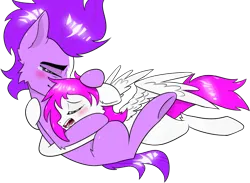 Size: 1019x746 | Tagged: safe, artist:centoria, derpibooru import, oc, oc:ellie berryheart, unofficial characters only, pegasus, blushing, comforting, crying, duo, eyes closed, female, hug, image, lies, male, png, simple background, smiling, transparent background, white wings, wings