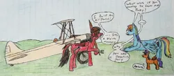 Size: 3828x1688 | Tagged: safe, artist:radiation_pony, derpibooru import, rainbow dash, scootaloo, oc, oc:rubidium, pegasus, pony, g4, biplane, female, filly, foal, goggles, goggles on head, hat, image, jpeg, lined paper, mare, on hind legs, pegasus oc, plane, speech bubble, traditional art, ushanka, why, wrench