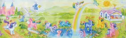 Size: 959x296 | Tagged: artist needed, safe, derpibooru import, official, duck soup, glory, medley, moonstone, parasol, posey, sealight, seawinkle, skydancer, spike (g1), sprinkles (g1), starshine, sunbeam, sunlight (g1), twilight (g1), wavedancer, windy (g1), bird, cat, dog, pegasus, pony, unicorn, g1, g4, bow, dream castle, female, horn, image, jpeg, mare, my little pony: the art of equestria, rainbow, rainbow ponies, sea pony (g1), sun, tail, tail bow, traditional art