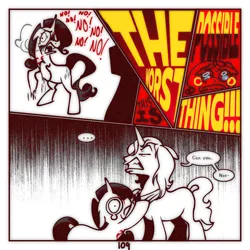 Size: 1280x1280 | Tagged: grimdark, artist:sinclairdugore, derpibooru import, prince blueblood, rarity, pony, unicorn, fanfic:lil miss rarity: the rewrite, g4, annoyed, comic, horn, image, jpeg, lil miss rarity, overreaction, scar, text