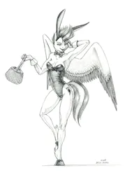 Size: 1020x1350 | Tagged: suggestive, artist:baron engel, derpibooru import, zipp storm, anthro, pegasus, unguligrade anthro, g5, basket, breasts, bunny ears, bunny suit, busty zipp storm, clothes, collarbone, easter, easter egg, female, fit, holiday, image, jpeg, leotard, monochrome, pencil drawing, simple background, slender, solo, thin, traditional art, white background