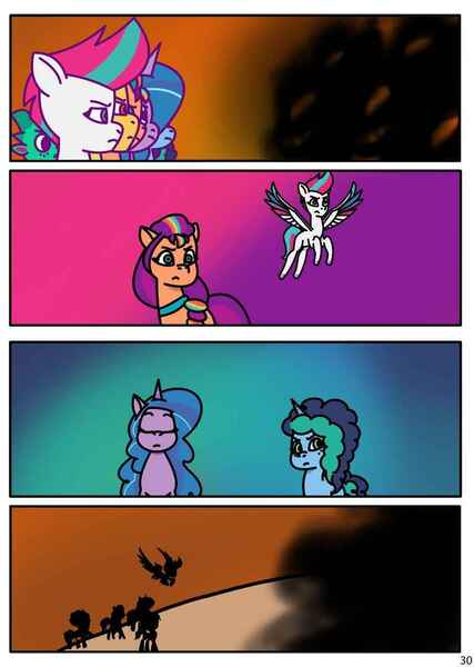 Size: 910x1280 | Tagged: safe, artist:delilah1_riley, derpibooru import, hitch trailblazer, izzy moonbow, misty brightdawn, sparky sparkeroni, sunny starscout, zipp storm, dragon, earth pony, ghost, pegasus, pony, undead, unicorn, comic:pipp the poltergeist, fanfic:pipp the poltergeist, g5, my little pony: tell your tale, baby, baby dragon, comic, commission, fanfic art, female, horn, image, jpeg, male, mane stripe sunny, mare, outdoors, silhouette, stallion