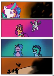 Size: 910x1280 | Tagged: safe, artist:delilah1_riley, derpibooru import, hitch trailblazer, izzy moonbow, misty brightdawn, sparky sparkeroni, sunny starscout, zipp storm, dragon, earth pony, ghost, pegasus, pony, undead, unicorn, comic:pipp the poltergeist, fanfic:pipp the poltergeist, g5, my little pony: tell your tale, baby, baby dragon, comic, commission, fanfic art, female, horn, image, jpeg, male, mane stripe sunny, mare, outdoors, silhouette, stallion