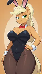 Size: 2160x3840 | Tagged: suggestive, ai generated, prompter:lotsofcaps, applejack, anthro, earth pony, g4, ai composition, big breasts, black leotard, bowtie, breasts, bunny ears, bunny suit, busty applejack, cleavage, clothes, cuffs (clothes), female, hand on hip, image, jpeg, legs together, lidded eyes, pantyhose, playboy bunny, playboy bunny applejack, simple background, smiling, solo