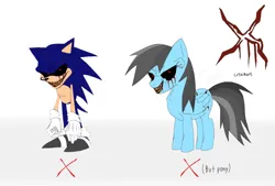 Size: 1280x864 | Tagged: semi-grimdark, artist:badoodztannectun, derpibooru import, rainbow dash, demon, demon pony, hedgehog, original species, pegasus, pony, g4, .exe, 2011x, clothes, creepypasta, cutie mark, dark fur, evil, evil grin, exe, female, gloves, gray hair, gray mane, gray shoes, gray tail, grin, gritted teeth, image, jpeg, looking at you, mare, rainbow.exe, red pupils, sharp teeth, shoes, simple background, smiling, smiling at you, sonic the hedgehog, sonic the hedgehog (series), teeth, text, white background, wrinkles, x