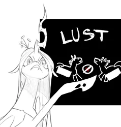 Size: 500x526 | Tagged: artist needed, suggestive, derpibooru import, queen chrysalis, changeling, changeling queen, g4, black and white, censor bar, censored, chalkboard, drawing, female, grayscale, heart, image, implied erection, looking at you, monochrome, png, pointing