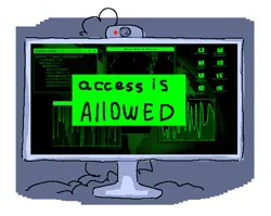 Size: 582x464 | Tagged: safe, artist:azaani, derpibooru import, part of a set, series:derpy vs. computer, cable, computer, espionage, hacker, hacking, image, implied derpy hooves, monitor, no pony, part of a series, passepartout, pixel-crisp art, png, requested art, webcam