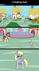 Size: 1920x3516 | Tagged: safe, artist:platinumdrop, derpibooru import, cranky doodle donkey, derpy hooves, doctor whooves, lyra heartstrings, roseluck, twinkleshine, donkey, earth pony, pegasus, pony, unicorn, comic:a helping hoof, g4, apology, blushing, cart, comic, commission, dialogue, doctorrose, female, folded wings, horn, hungry, image, looking at each other, looking at someone, male, mare, onomatopoeia, open mouth, png, ponyville, scrunchy face, shipping, smiling, sound effects, speech bubble, stallion, stomach growl, stomach noise, straight, toupee, town, walking, wings