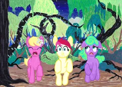 Size: 1280x914 | Tagged: safe, artist:malte279, derpibooru import, daisy, flower wishes, lily valley, roseluck, g4, acrylic painting, black vine, everfree forest, female, fleeing, flower, flower trio, image, jpeg, rose, running, the horror, traditional art, trio, trio female