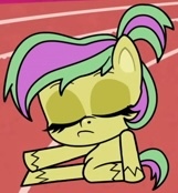Size: 161x174 | Tagged: safe, derpibooru import, screencap, earth pony, pony, g4, my little pony: pony life, anatomically incorrect, eyes closed, female, flutterdash (episode), image, incorrect leg anatomy, jpeg, mare, picture for breezies, pineapple salsa, ponytail, solo, stretching, tail, two toned mane, two toned tail, unshorn fetlocks
