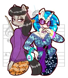 Size: 1222x1403 | Tagged: safe, artist:chiefywiffy, derpibooru import, octavia melody, vinyl scratch, anthro, earth pony, unicorn, g4, blushing, breasts, cleavage, clothes, collarbone, disco ball, dress, duo, duo female, ear piercing, earring, female, glow bracelets, glow rings, headphones, horn, image, jewelry, jpeg, kebaya, looking back, piercing, pill, simple background, skirt, sunglasses, tongue out, vinyl's glasses, white background