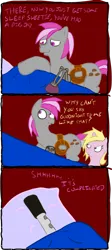 Size: 526x1175 | Tagged: safe, artist:relyet, derpibooru import, oc, oc:hired gun, oc:serenity (fallout equestria: heroes), unofficial characters only, cyborg, earth pony, pony, unicorn, fallout equestria, fallout equestria: heroes, amputee, bed, blanket, comic, cybernetic legs, duo, duo female, earth pony oc, fanfic art, female, female oc, filly, filly oc, foal, gun, horn, image, looking at someone, looking away, mare, mare oc, pillow, png, prosthetic leg, prosthetic limb, prosthetics, rifle, unamused, unicorn oc, weapon