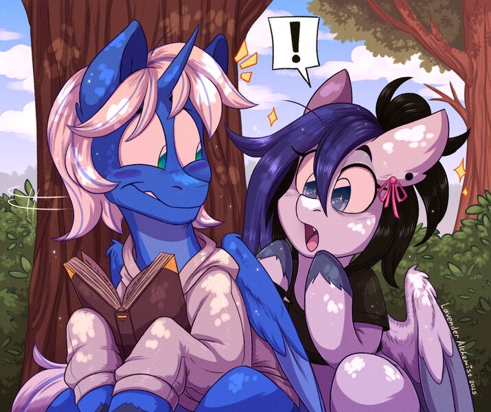 Size: 1550x1300 | Tagged: safe, artist:kinky_spy, artist:lavender_alchemist, derpibooru import, oc, oc:lite might, oc:sugar flash, alicorn, pegasus, pony, alicorn oc, book, clothes, colored hooves, colored wings, commission, duo, duo male and female, ear piercing, fangs, female, hoodie, hooves, horn, image, jpeg, male, nature, outdoors, peeking, peeping, pegasus oc, piercing, shirt, sitting, spread wings, surprised, t-shirt, tree, under the tree, wings