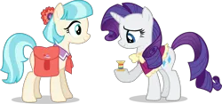Size: 8199x3832 | Tagged: safe, derpibooru import, official, coco pommel, rarity, earth pony, pony, unicorn, g4, rarity takes manehattan, .svg available, bag, bow, cloak, clothes, cocobetes, collar, cute, duo, duo female, female, hairclip, headband, horn, image, my little pony, my little pony: rarity takes manehattan, playdate digital, png, rainbow thread, saddle bag, sailor collar, simple background, spool, thread, transparent background, vector