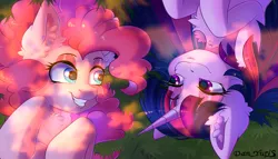 Size: 2733x1559 | Tagged: safe, artist:yuris, derpibooru import, pinkie pie, twilight sparkle, twilight sparkle (alicorn), alicorn, earth pony, pony, unicorn, g4, bust, duo, duo female, ears up, female, grass, horn, image, lesbian, lies, photo, png, portrait, shipping, smiling, twinkie