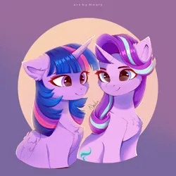 Size: 4000x4000 | Tagged: safe, artist:nnaly, derpibooru import, starlight glimmer, twilight sparkle, twilight sparkle (alicorn), alicorn, pony, unicorn, g4, cheek fluff, chest fluff, duo, duo female, ear fluff, feathered wings, female, folded wings, horn, image, looking at someone, mare, png, shoulder fluff, smiling, smiling at someone, wing fluff, wings