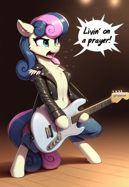 Size: 1280x1856 | Tagged: safe, ai generated, novelai, prompter:crescent pulsar, stable diffusion, bon bon, earth pony, pony, g4, bon bon jovi, chest fluff, clothes, dark background, denim, female, fringe, full body, furrowed brow, guitar, holding object, image, jacket, jeans, jpeg, leather jacket, looking forward, musical instrument, on hind legs, open mouth, pants, playing guitar, singing, solo, solo female, speech bubble, stage, text