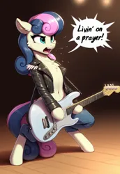 Size: 1280x1856 | Tagged: safe, ai generated, novelai, prompter:crescent pulsar, stable diffusion, bon bon, earth pony, pony, g4, bon bon jovi, chest fluff, clothes, dark background, denim, female, fringe, full body, furrowed brow, guitar, holding object, image, jacket, jeans, jpeg, leather jacket, looking forward, musical instrument, on hind legs, open mouth, pants, playing guitar, singing, solo, solo female, speech bubble, stage, text