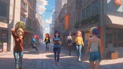 Size: 1920x1088 | Tagged: safe, ai generated, artist:truekry, generator:tponynai3, prompter:truekry, applejack, fluttershy, pinkie pie, rainbow dash, rarity, sunset shimmer, twilight sparkle, human, equestria girls, g4, ai composition, bad quality, city, female, group, humanized, image, png, shopping district, street, walking