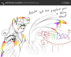 Size: 1168x936 | Tagged: safe, artist:cyanocitta-blattidae, derpibooru import, rainbow dash, scootaloo, fanfic:rainbow factory, g4, 2013, dialogue, duo, fanfic art, heart, image, jpeg, liquid rainbow, rainbow factory dash, simple background, sketch, spectra, speech bubble, white background