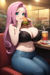Size: 1024x1536 | Tagged: suggestive, ai generated, novelai, prompter:someguy845, stable diffusion, fluttershy, human, series:girls in bras and jeans eating burgers, equestria girls, g4, belly, belly button, big breasts, black bra, bra, breasts, burger, busty fluttershy, cleavage, clothes, denim, diner, drink, drinking straw, eating, female, food, glasses, hamburger, image, jeans, looking at you, nail polish, pants, pink bra, png, sitting, solo, solo female, table, underwear