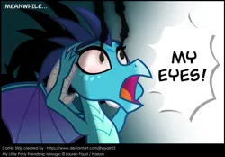 Size: 1257x875 | Tagged: safe, artist:jhayarr23, derpibooru import, princess ember, dragon, g4, triple threat, burning, comic, cute, dialogue, dragoness, ember's worst nightmare, eye scream, female, image, meme, my eyes, my little pony, open mouth, png, prosopagnosia, screaming, smoke, solo, speech bubble, spongebob squarepants, text, the spongebob squarepants movie