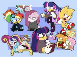 Size: 2798x2068 | Tagged: safe, artist:fieldofcloverz, derpibooru import, applejack, fluttershy, pinkamena diane pie, pinkie pie, rainbow dash, rarity, twilight sparkle, twilight sparkle (alicorn), alicorn, bird, cat, dog, earth pony, fox, hedgehog, owl, pegasus, pony, rabbit, unicorn, g4, animal, clothes, crossover, eye clipping through hair, eyebrows, eyebrows visible through hair, fainting couch, female, floppy ears, freckles, front knot midriff, glasses, goggles, goggles on head, hiding, high res, hoodie, horn, image, jpeg, lying down, mane six, mare, marshmelodrama, midriff, mobian, open mouth, plaid shirt, rainbow power, rarity being rarity, scene interpretation, screencap reference, shirt, side, sonic the hedgehog, sonic the hedgehog (series), species swap, square glasses, straw in mouth, super sonic