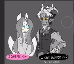 Size: 837x723 | Tagged: safe, artist:pelma, derpibooru import, discord, fluttershy, human, g4, art program in frame, bandage, clothes, duo, ear piercing, eared humanization, earring, female, gray background, horn, horned humanization, humanized, i can fix him, image, jewelry, jpeg, looking at each other, looking at someone, male, meme, partial color, piercing, simple background, smiling, sweat, sweater, sweatershy, thought bubble, winged humanization, wings