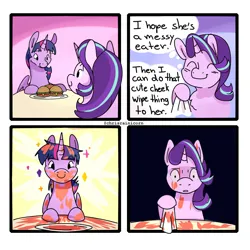 Size: 2000x2000 | Tagged: safe, artist:chrisrainicorn, derpibooru import, starlight glimmer, twilight sparkle, alicorn, pony, unicorn, g4, burger, comic, cute, female, food, glimmerbetes, hay burger, hoof hold, horn, image, jpeg, lesbian, messy eating, napkin, ship:twistarlight, shipping, smiling, sparkles, that pony sure does love burgers, thought bubble, twiabetes, twilight burgkle