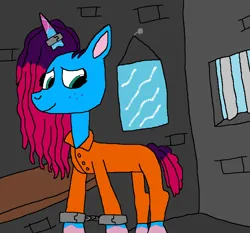 Size: 898x838 | Tagged: safe, artist:angelsgotoheaven, derpibooru import, misty brightdawn, g5, clothes, commissioner:rainbowdash69, cuffs, horn, horn ring, image, jail, jail cell, jewelry, magic suppression, mirror, never doubt rainbowdash69's involvement, png, prison, prison cell, prison outfit, prisoner, prisoner misty, ring, shackles, solo