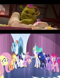 Size: 1485x1920 | Tagged: safe, derpibooru import, edit, edited screencap, editor:questphillips, screencap, applejack, fluttershy, pinkie pie, princess cadance, princess celestia, princess flurry heart, princess luna, rainbow dash, rarity, shining armor, twilight sparkle, twilight sparkle (alicorn), alicorn, earth pony, ogre, pegasus, pony, unicorn, g4, the crystalling, female, fill-in meme, horn, image, it came from deviantart, jpeg, male, mane six, mare, my little pony, reaction image, shrek, shrek (character), shrek forever after